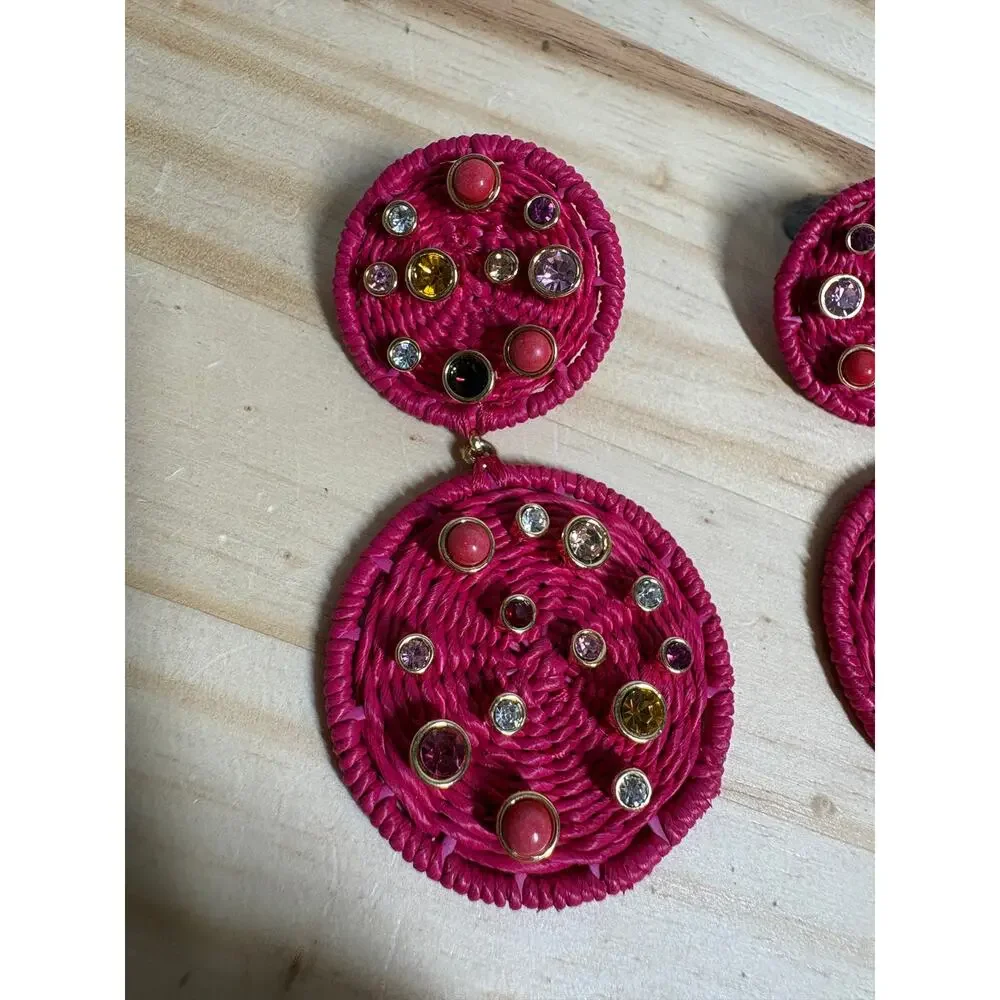 Tuckernuck Pink Raffia Gemstone Drop Earrings Woven Boho